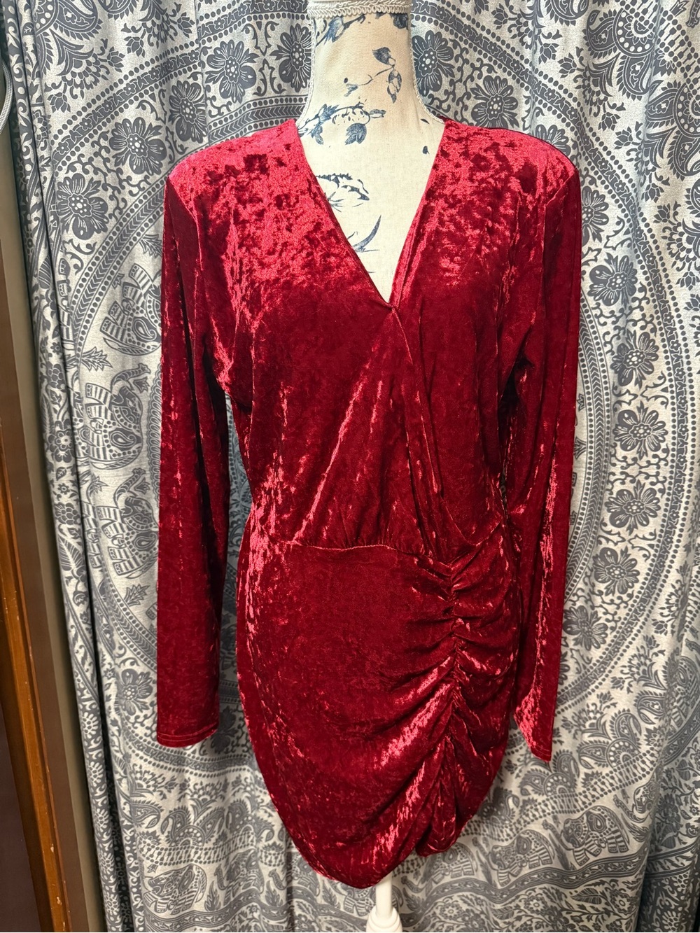 Crushed Red Velvet Ruched Long Sleeve bodycon Wrap Dress -Betsey Johnson (XL)